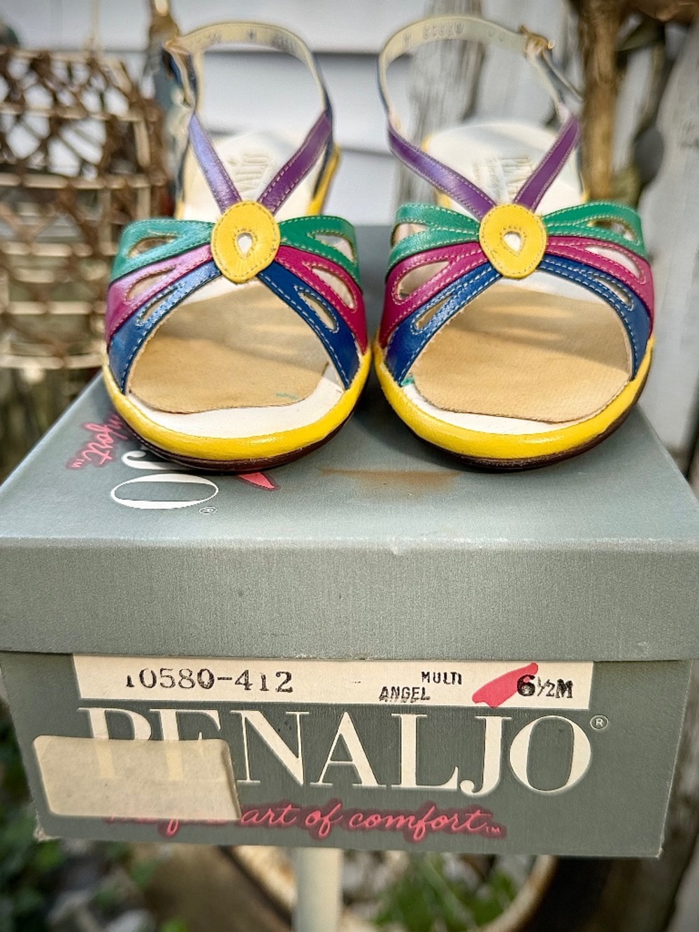 Vintage 1960s Penaljo "Angel" Rainbow Colorblock Leather Sandals w/ Original Box